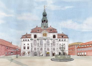 Poster DIN-A4  Aquarell Kunst Druck Kunstdruck Lüneburger Heide Lüneburg  Stadt Rathaus